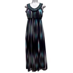 Sami & Jo Maxi Dress Women's Size 10 Multicolor Space Dye Striped Beaded Neck